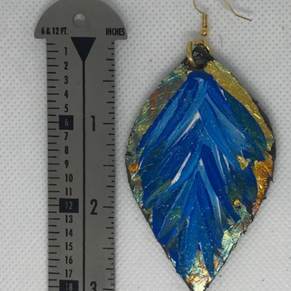 leather hand painted blue and gold leaf earrings - Picture 3 of 3